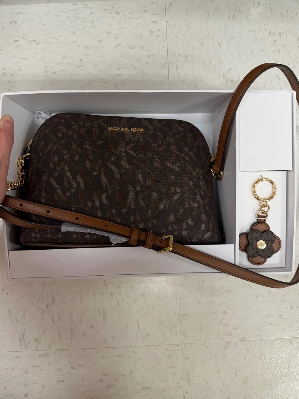 Michael Kors Cindy Large Dome Crossbody Bag with Key Fob Brown Signature NWT